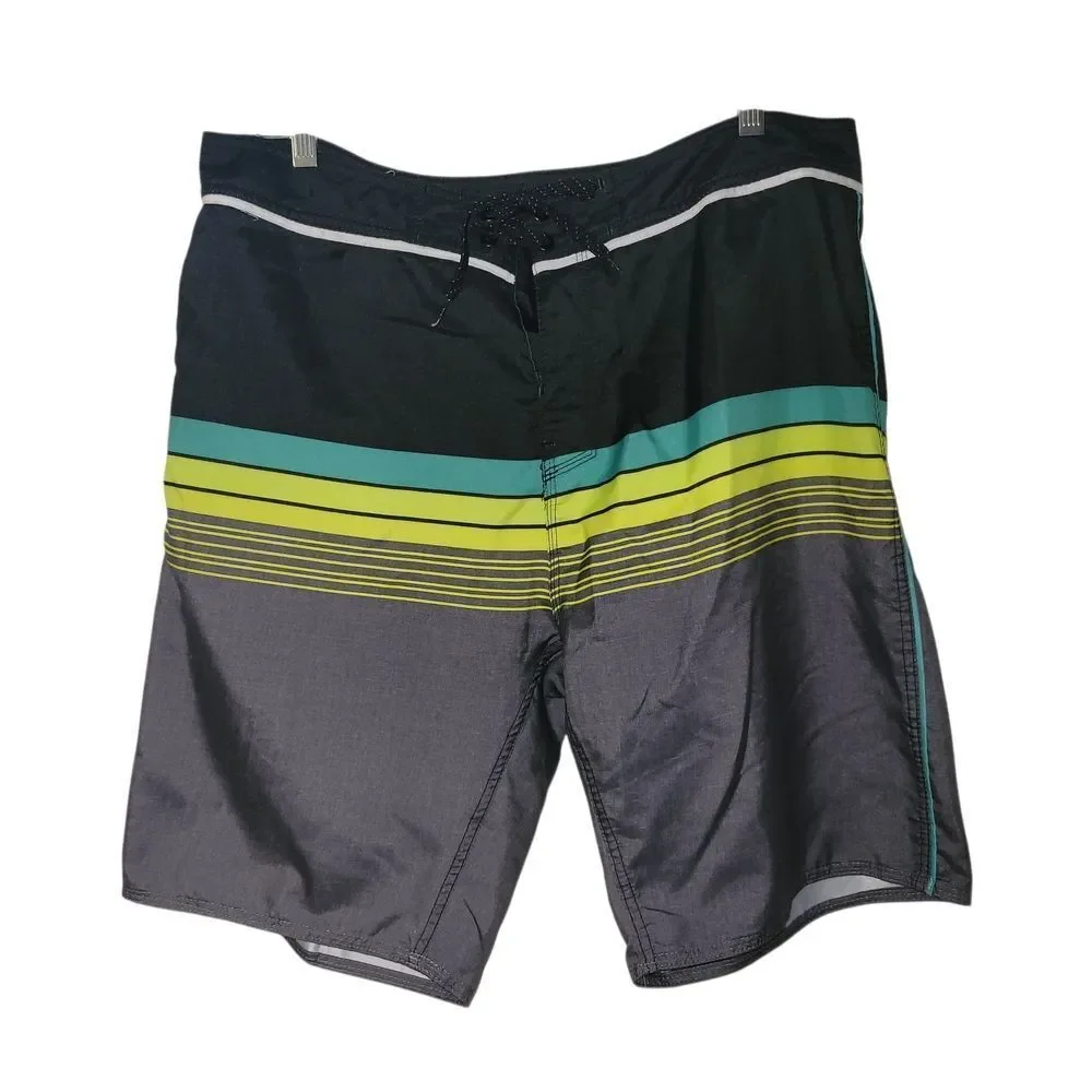 Burnside Black and Green Striped Swim Trunks